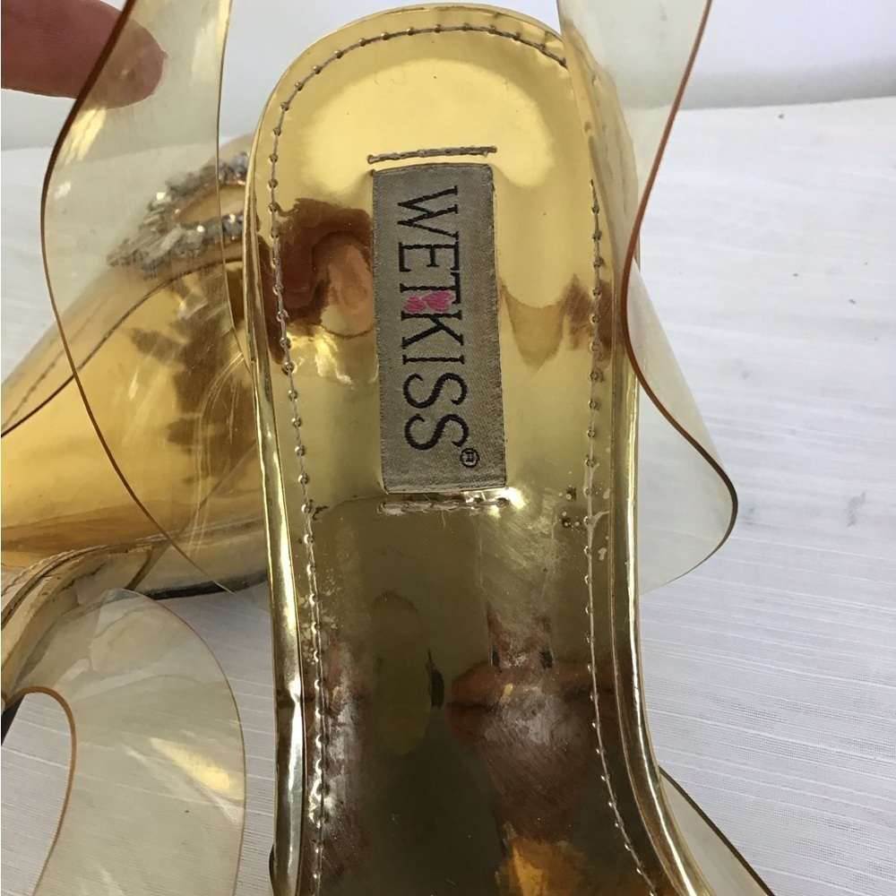 WETKISS WOMEN ELEGANT UNIQUE FORMAL GOLD TRANSPARENT TOP RHINESTONE HEELS SZ 9.5 - Picture 5 of 6